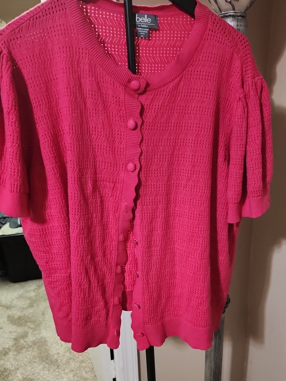 Belle Hot Pink Short-Sleeve Openwork Knit Cardigan
